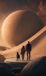 the people and dog are walking along the beach together