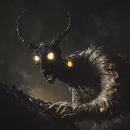 a strange creature in the dark with glowing eyes