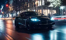 a black sports car in front of a street with traffic