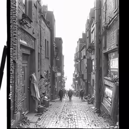 an old photo taken on a narrow street with no people