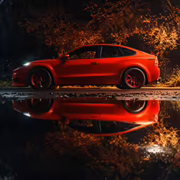 a red car parked beside water at night