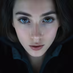 a woman with blue eyes wearing a black jacket