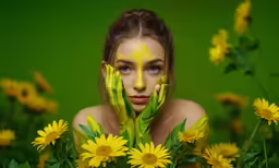 a beautiful woman posing surrounded by yellow flowers