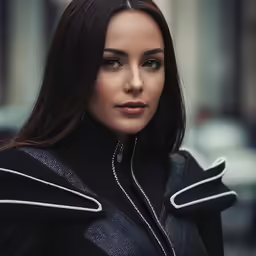 a woman in black is wearing black and she is wearing a coat