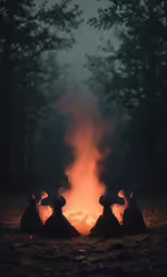 two mushrooms are standing next to the fire