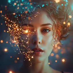 a woman with some lights behind her head