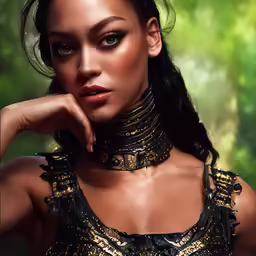 an asian woman wearing a gold necklace and black dress