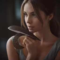 a pretty woman posing with her large knife in front of her face