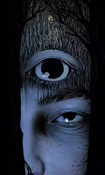 two eyes with hair on their faces and a string covering the side of their face