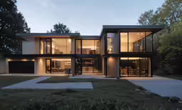 an exterior view of a modern house with large windows and lots of grass