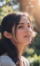 the portrait of an asian woman looking up