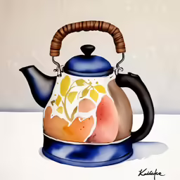 a painting of a tea kettle on top of a white table