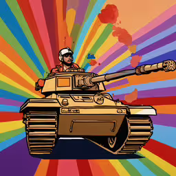 an image of a man in a tank with color and rays in the background,a drawing of a tank with a man driving in the top