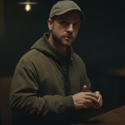 a man in an green cap is standing next to some tables