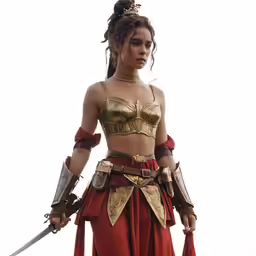 a woman in a golden outfit standing with a sword