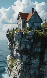 the house is sitting on a rock near the water