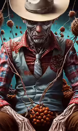 the clown with a skull wearing a hat sitting in the snow