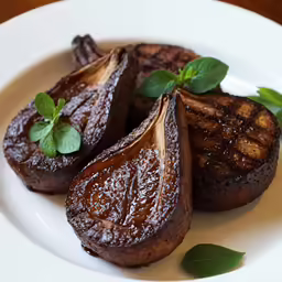 some grilled meat with sauce and green garnish on a plate
