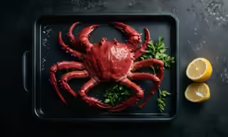 a red crab sitting on a plate next to lemon slices