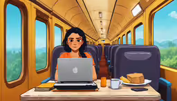 a woman sits in front of a laptop on an airplane,an animation of a girl working on her laptop