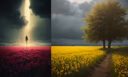 a beautiful sunset and an empty country road are both created in photoshop,the same one is on the opposite side of the image