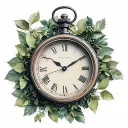 an antique style clock with leaves around it