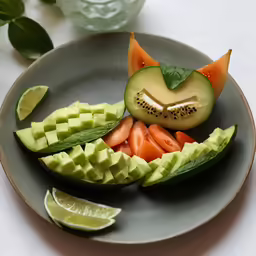 a small plate with cucumbers, strawberries and limes