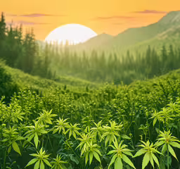 a large field of plants with a setting sun in the background,the sun is setting over a grassy field full of hemp