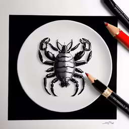 black scorpion on white plate with two red pencils