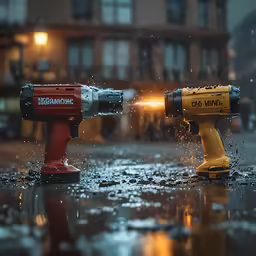 two dew covered power drillers on a wet surface