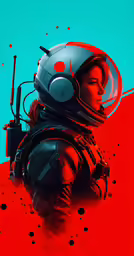 a woman in a scuba suit holding a gun and a red background