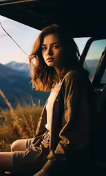 the beautiful young woman is posing outside her vehicle