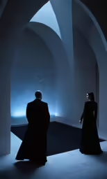 two people dressed in black looking at something on a screen