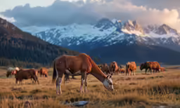 a brown horse grazing in an open pasture surrounded by mountains
