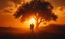 two people standing in front of a tree