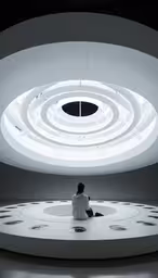 a woman sitting in the middle of a circular room,the circular white object is on display