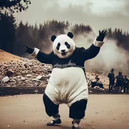 panda in a panda suit on the street