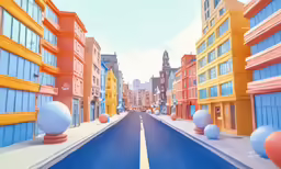 a street is shown with multicolored buildings in the background