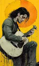 a painting of a man with long hair playing an acoustic guitar