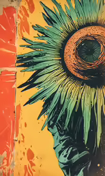 an abstract painting on a yellow and blue background