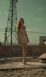 a woman standing on a ground with a high voltage phone tower in the background