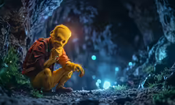 a yellow man crouching down in a cave