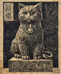 a very decorative print with a cat,black ink on paper with an animal