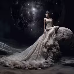 a woman sitting on top of a large rock,a woman sitting on a rock with stars above her head