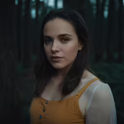 a woman is standing in the woods next to a tree
