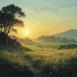a landscape with green and yellow grass on a sunny day