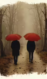 two people walking down a path while holding umbrellas