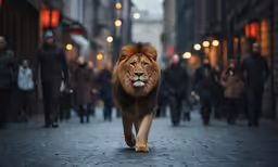 a lion walks down the street in front of people