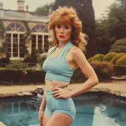 there is a woman in a blue swimsuit standing near the water,a woman with red hair in a blue bodysuit