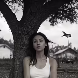 a woman is sitting next to a tree